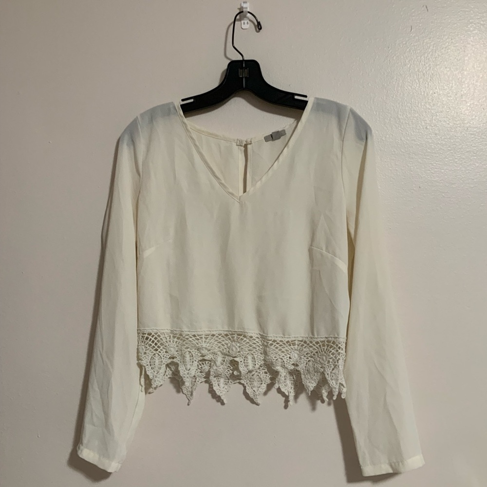 UO White Chiffon Crotchet Long Sleeve crop top